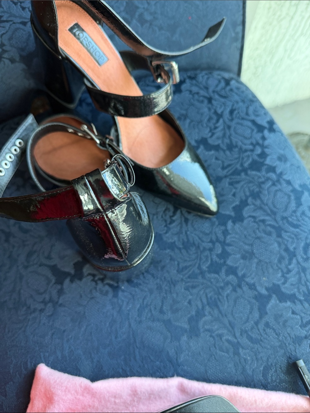 Topshop Black Patent Mary Jane Heels with Ankle Strap